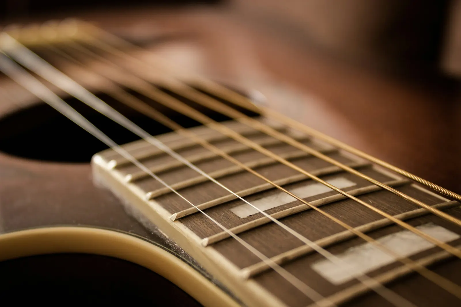 Nickel frets and strings over a dark fingerboard, close up