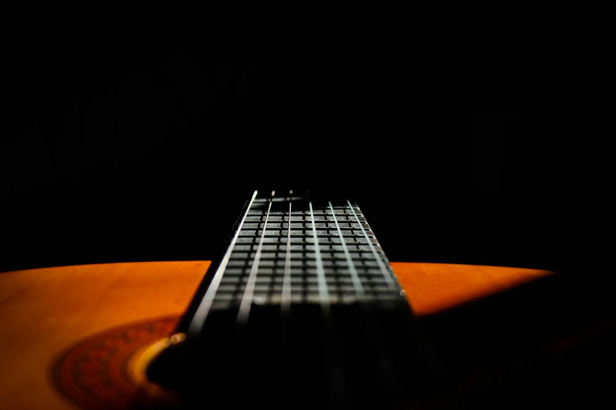 Frets running down a guitar neck toward the body, lit warm against black