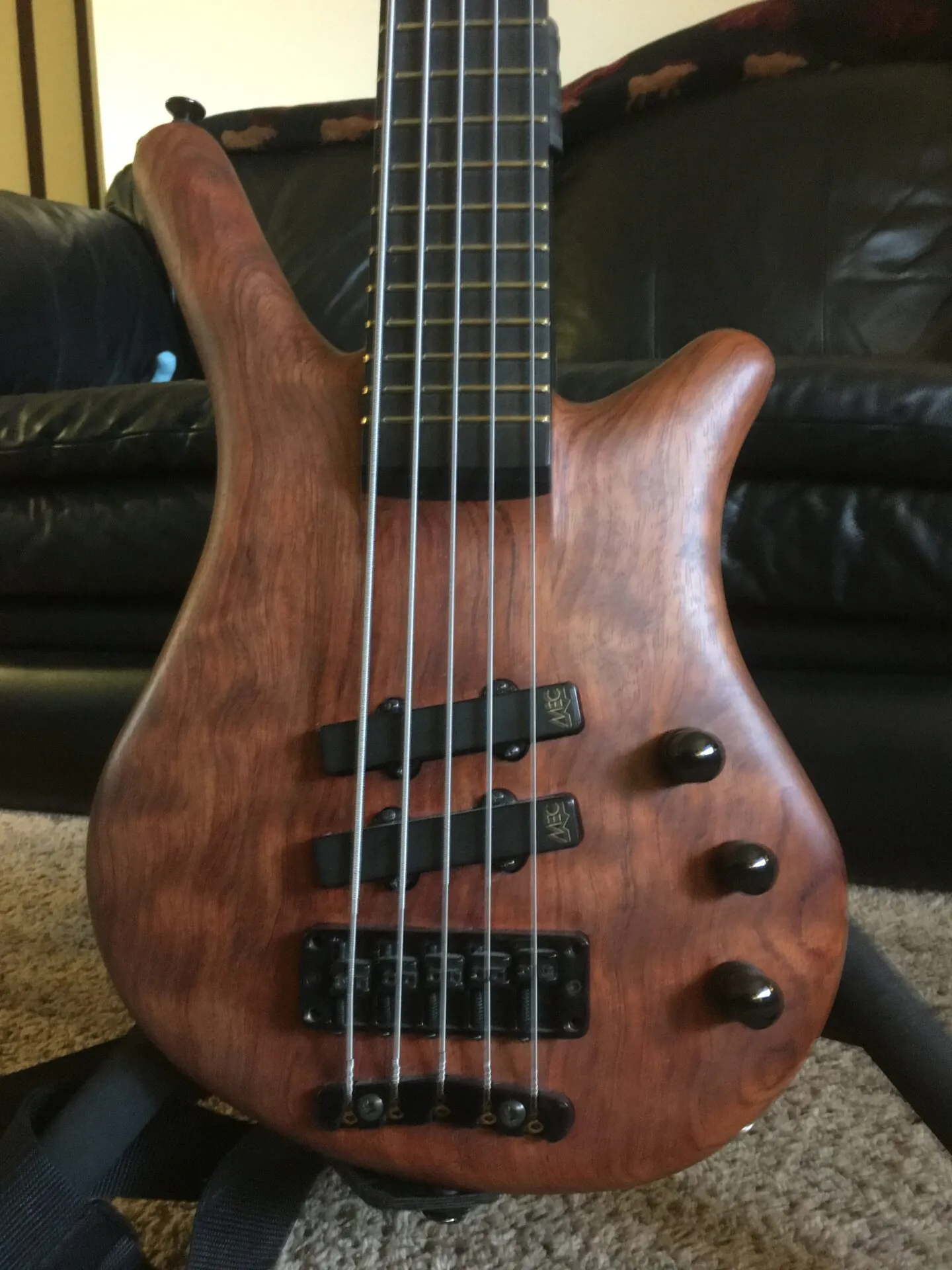 A five-string bass with a figured wood body and dark fingerboard, standing on a stand
